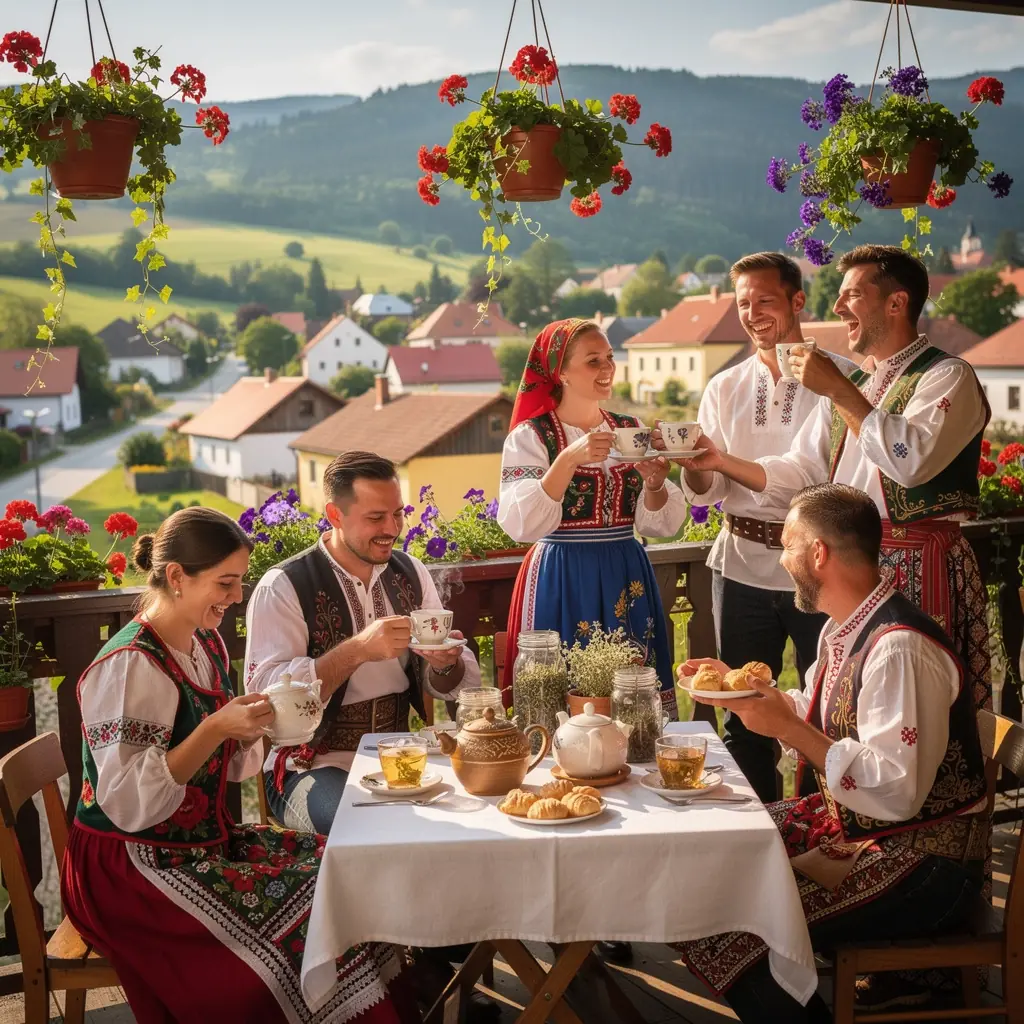 Tradičný slovenský čajový rituál s rodinou okolo stola, užívajúci si spoločné chvíle.