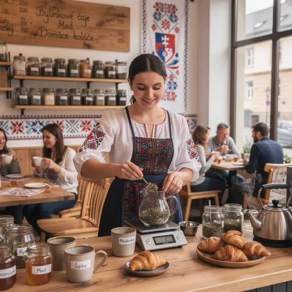 Zmes bylinného čaju s prírodnými ingredienciami, prezentovaná na drevenom podnose.